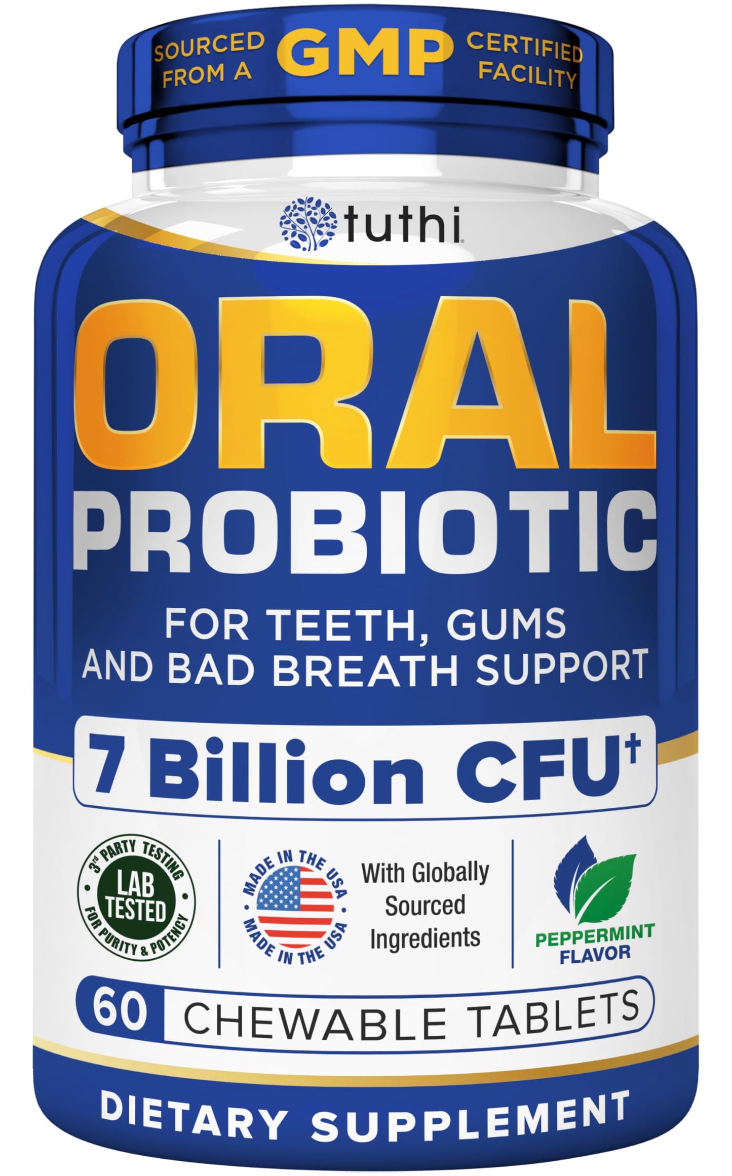 Tuthi Oral Probiotics for Mouth Bad Breath Treatment for Adults - Dental Probiotics for Teeth and Gums - Oral Health Probiotics - 60 Lozenges Peppermint Flavor