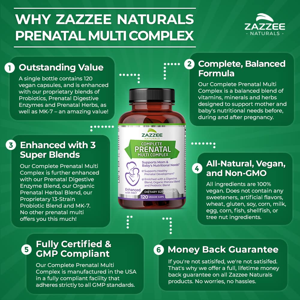 Zazzee Extra Strength Complete Prenatal Multi Complex, 120 Vegan Capsules, 2 Month Supply, 23 Essential Vitamins & Minerals, MK7, 10 Billion CFU Probiotics, Prenatal Enzymes, Organic Herbal Blend