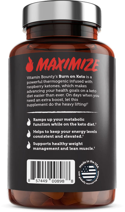 Vitamin Bounty Burn On Thermogenic Keto Fat Burner for Men & Women - Weight Loss Supplement with Raspberry Ketones - Metabolism Booster, Energy Pills, Appetite Suppressant - 60 Capsules
