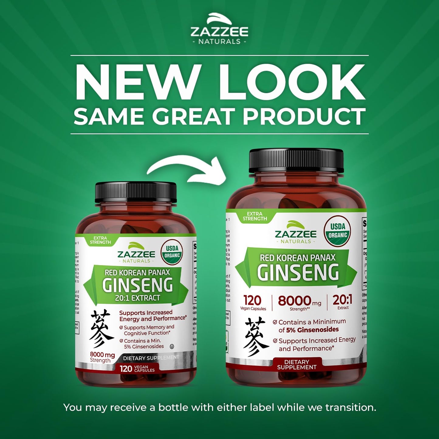 Zazzee USDA Organic Red Korean Panax Ginseng 20:1 Extract, 8000 mg Strength, 5% Ginsenosides, 120 Vegan Capsules, Standardized and Concentrated 20X Root Extract, 100% Vegetarian, All-Natural, Non-GMO
