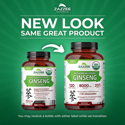 Zazzee USDA Organic Red Korean Panax Ginseng 20:1 Extract, 8000 mg Strength, 5% Ginsenosides, 120 Vegan Capsules, Standardized and Concentrated 20X Root Extract, 100% Vegetarian, All-Natural, Non-GMO