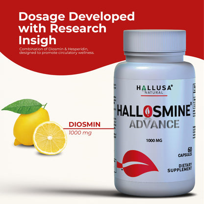 Hallosmine Advance Diosmin 1000mg, Leg Circulation, Heavy Legs, Varicose Veins, Circulatory Supplement, Vein Support & Blood Circulation Supplement - 60 Caps