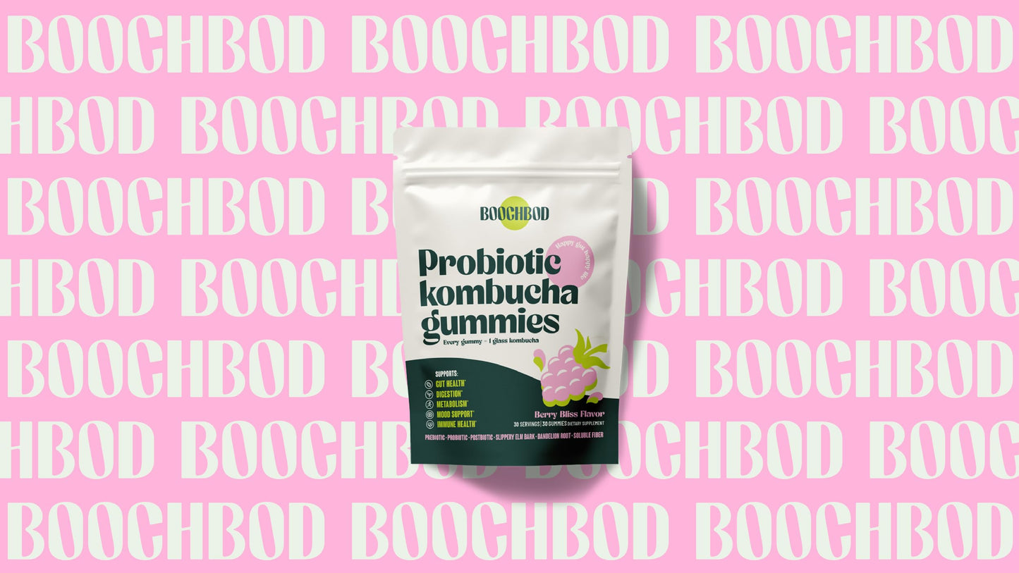 BoochBod - Probiotic Kombucha Gummy - Prebiotics, Probiotics, Postbiotics, Fiber Supplement, Slippery Elm, Dandelion Root, MCT Oil, for Bloating, Gut Health - Probiotics for Women and Men
