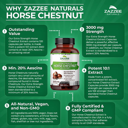 Zazzee Extra Strength Horse Chestnut 10:1 Extract, 3000 mg Strength, 20% Aescins, 4 Month Supply, 120 Vegan Capsules, Concentrated and Standardized 10X Extract, All-Natural, Non-GMO, Made in The USA