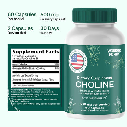 Choline Bitartrate 500MG - Premium Choline Supplements - Liver Support Supplement & Gallbladder Supplements - Colina Suplemento 500 mg Orgánica - Brain Vitamin for Memory and Focus - 60 Choline Caps