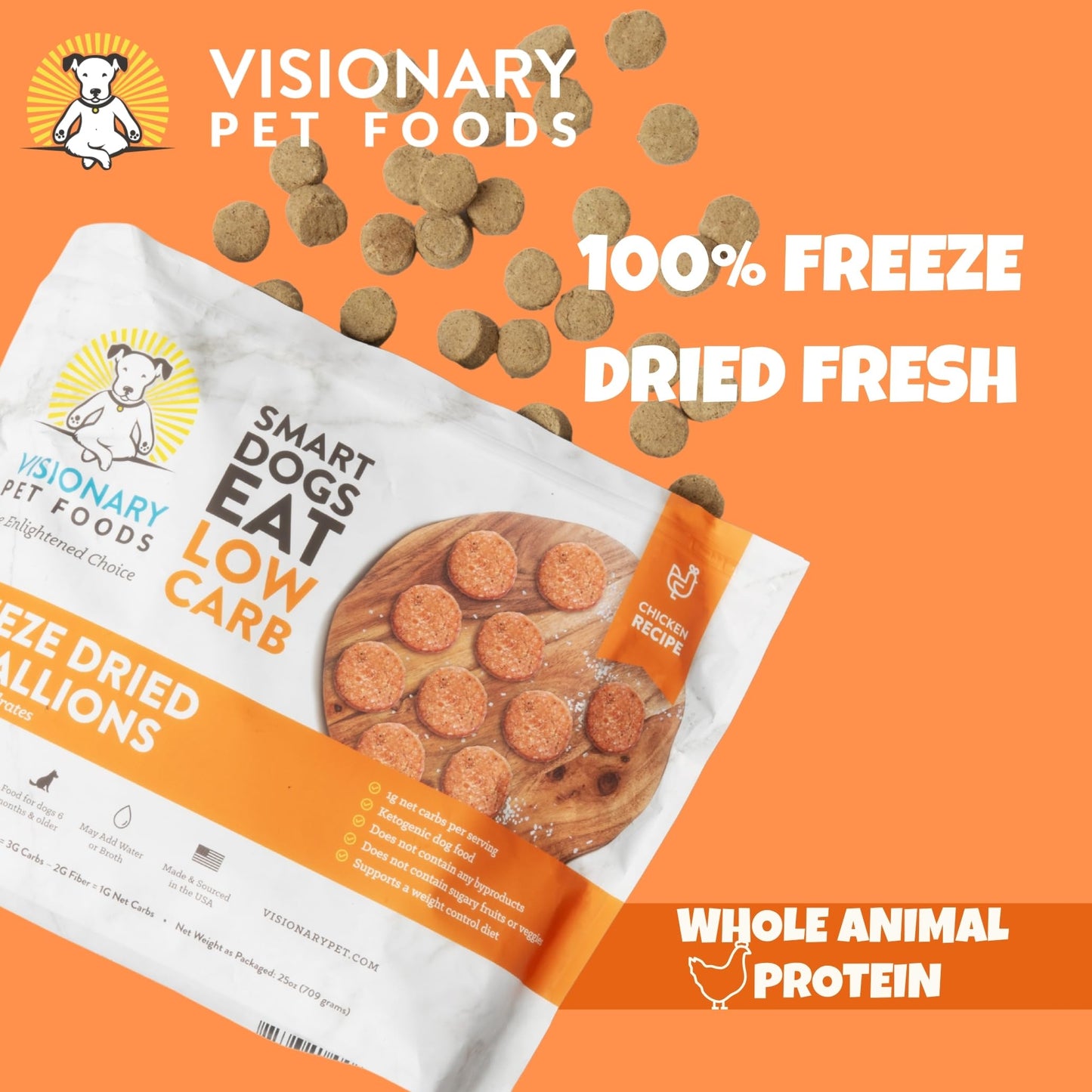 Visionary Pet Foods Chicken Freeze Dried Dog Food, Healthy Training Treats for Puppy or Large Dogs, High Protein, Low Carb, Grain Free, Weight Control, Single Ingredient No Additives, Value Size 25oz