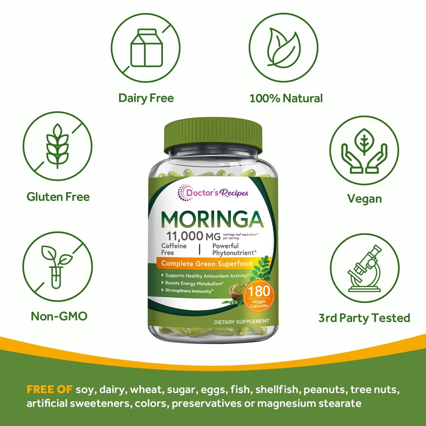 Doctor's Recipes Moringa 11,000 mg Strength, Complete Green Superfood, Natural Antioxidant Support, Non-GMO, 180 Vegan Caps, No Caffeine Soy Gluten