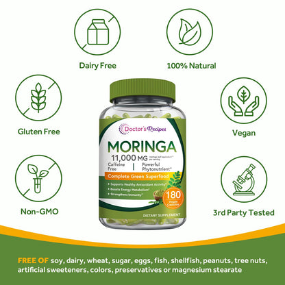 Doctor's Recipes Moringa 11,000 mg Strength, Complete Green Superfood, Natural Antioxidant Support, Non-GMO, 180 Vegan Caps, No Caffeine Soy Gluten