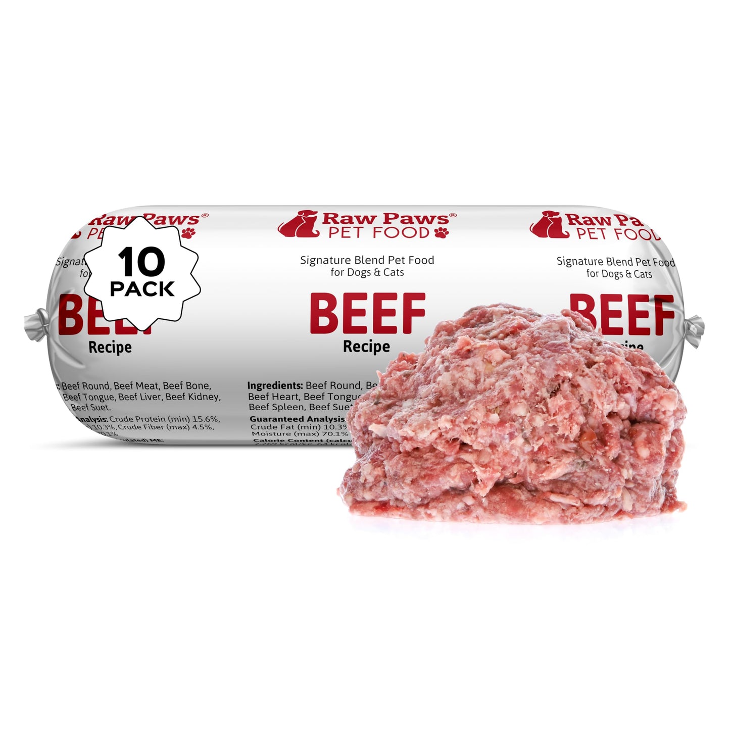 Raw Paws Signature Blend Pet Food for Dogs & Cats - Beef Recipe, 1-lb Rolls (10 Pack) - Fresh Pet Food Made in USA, Grass-Fed Beef Log, Natural Dog Food Rolls, Raw Frozen Dog Food & Cat Food