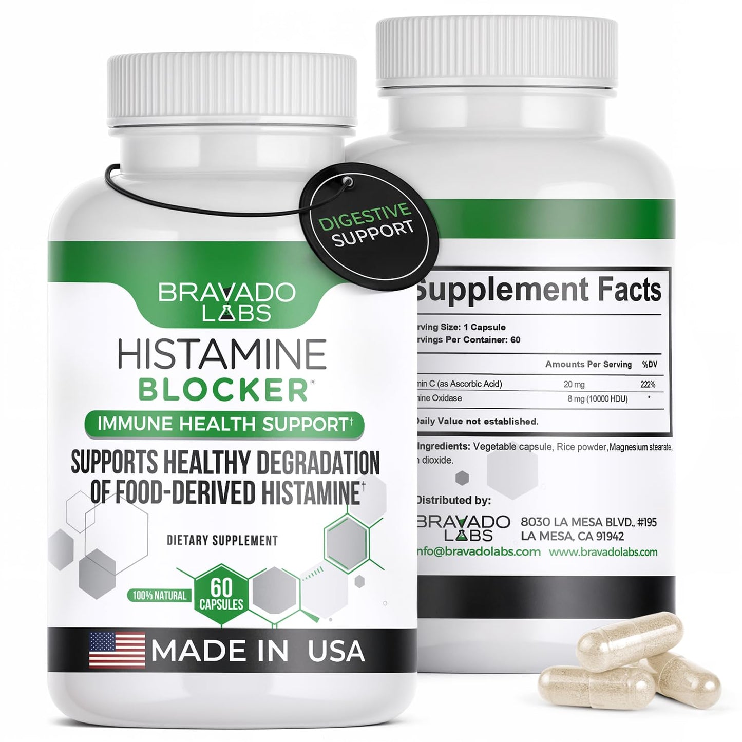 Bravado Labs Premium Histamine Block - Diamine Oxidase (DAO) Enzyme Formula - Advanced Support for Food-Derived Histamine Intolerance - Made in USA (60 Capsules)