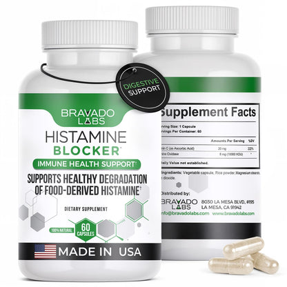 Bravado Labs Premium Histamine Block - Diamine Oxidase (DAO) Enzyme Formula - Advanced Support for Food-Derived Histamine Intolerance - Made in USA (60 Capsules)