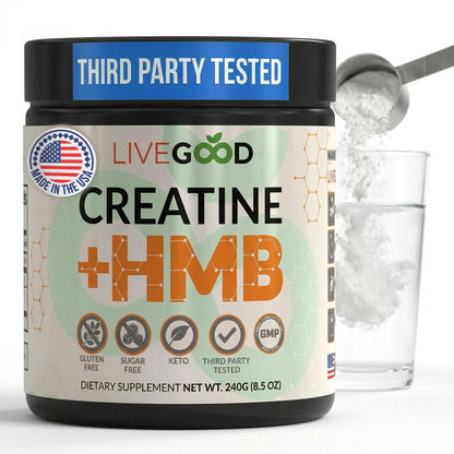 LIVEGOOD Creatine Monohydrate with HMB for Lean Muscle Growth & Recovery – HMB Creatine Powder for Men and Women – Unflavored Creatine, 30 Servings