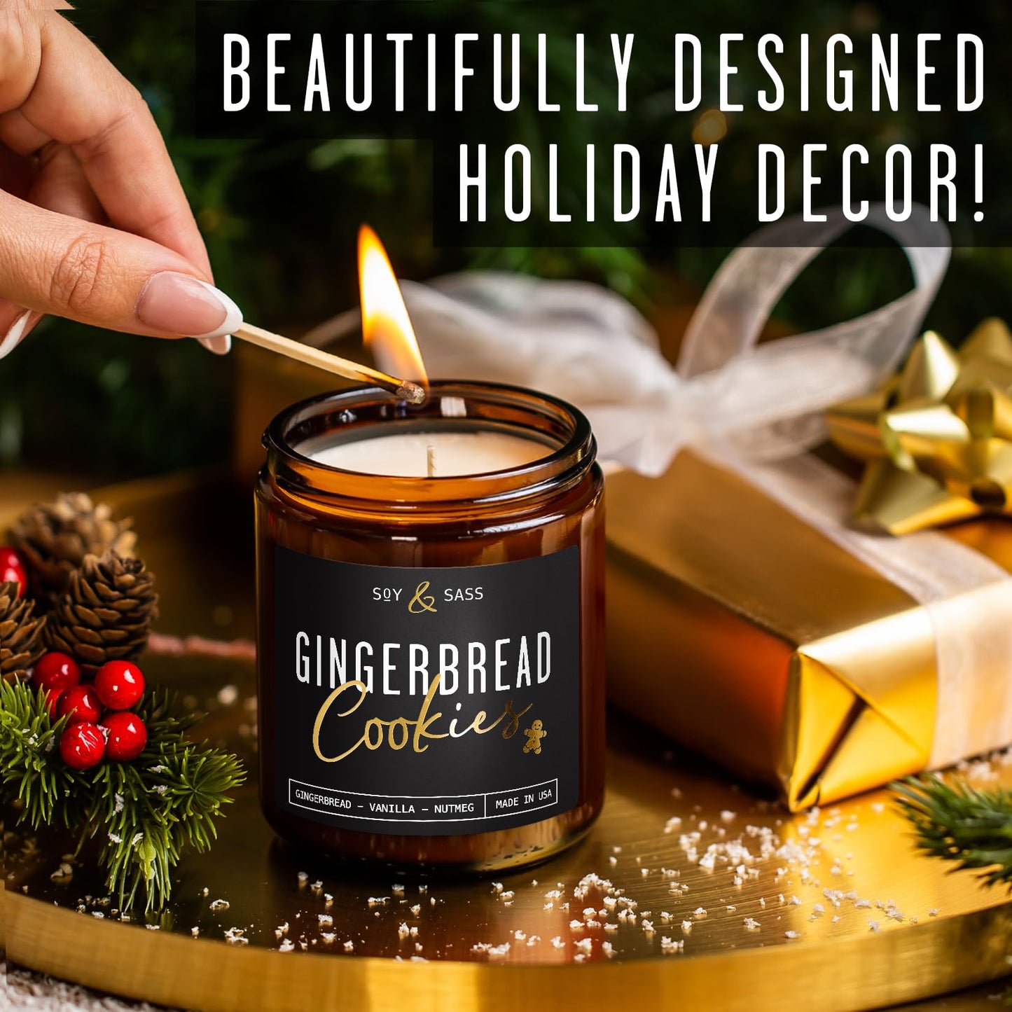 Gingerbread Candle, Christmas Candles Scented – ‘Gingerbread Cookies’ Soy Candle, w/Gingerbread, Cinnamon & Vanilla - Infused with Essential Oils I 9oz, 50Hr, Made in USA