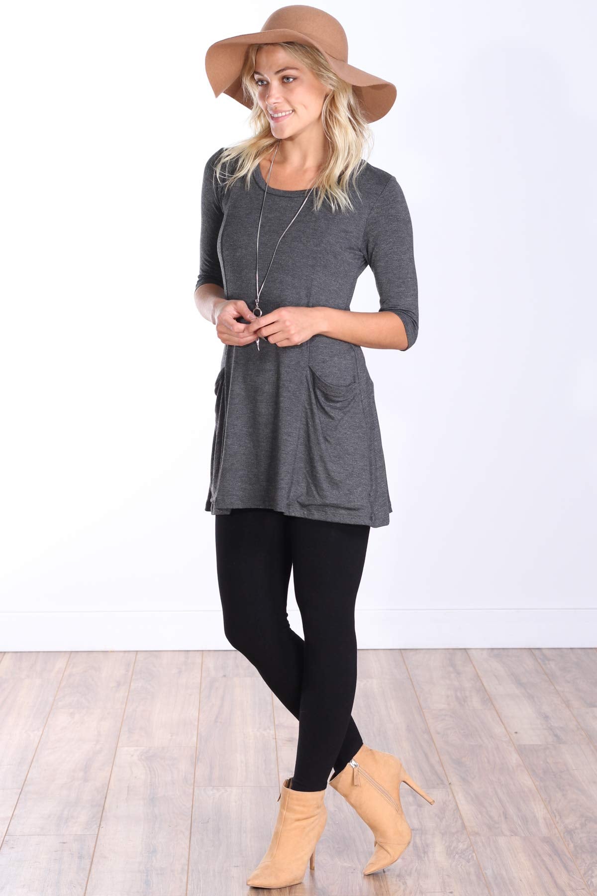 Popana Womens 3/4 Sleeve Tunic Top With Pockets for Leggings Made In USA Charcoal
