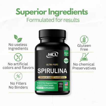 Spirulina Powder Capsules 3000 mg - Purest Non-Irradiated Blue Green Algae - Best Raw Vegan Protein - Green Superfood - Natural Multivitamins – 180 Pills Made in The USA