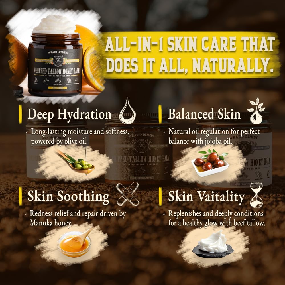 Organic Beef Tallow for Skin - 4 OZ (Citrus) — US-Made Grass Fed Beef Tallow for Face + Body — Whipped Tallow and Honey Balm Moisturizer for Dry and Sensitive Skin, Eczema, Rosacea (No Additives)