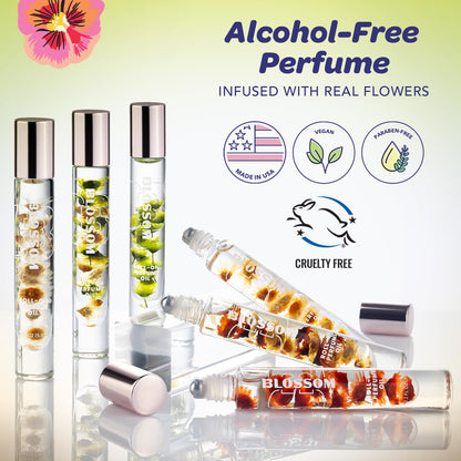 Blossom Roll on Perfume for Women Alcohol Free Gourmand Rollerball Perfume Oil with Essential Oils, Infused with Real Flowers, Made in USA, 0.20oz, (Pistachio, Almond, Vanilla) Pistachio Gelato