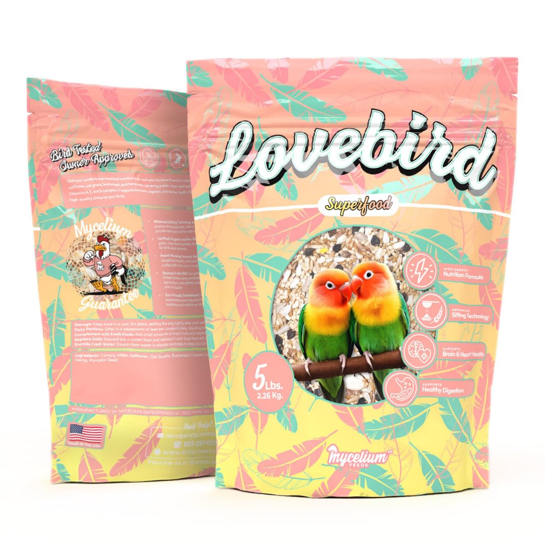 Mycelium Organic Lovebird Superfood (5 LB Bag) | High-Energy Bird Seed for Lovebirds | Premium Seeds, Grains & Superfoods for Brain, Heart, & Digestive Health | Non-GMO, USA Made, No Fillers