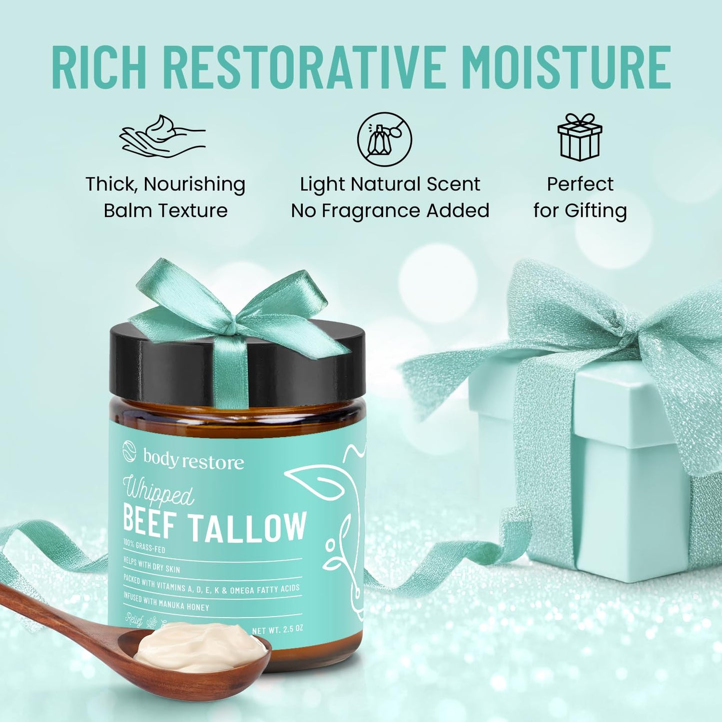Body Restore Grass Fed Whipped Beef Tallow for Skin, Face, Body, Dry Skin - with Manuka Honey, Jojoba Oil, Birthday Gifts for Women, Men, Travel Essentials, Self Care - Eucalyptus