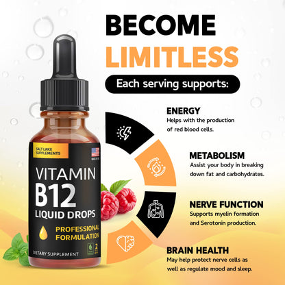 Vitamin B12 Liquid Drops - Vegan B12 vitamins 5000 mcg Methylcobalamin Fast-Acting Sublingual B Complex Liquid Vitamin B2, B3, B6 - Non-GMO, No Dairy, Soy & Sugar, Raspberry Flavor, 2 fl. oz.