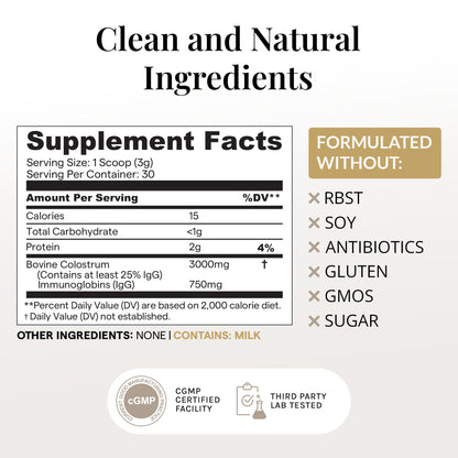 Elavite Bovine Colostrum Powder (Unflavored) Grass Fed Colostrum Supplement for Gut Health, Immune Support Healthy Hair, Skin & Nails - 30 Servings