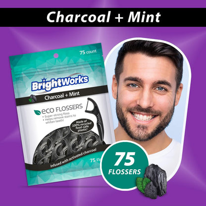 Brightworks ECO Sustainable Floss Picks - 225 Count - PTFE & PFAS Free - Made in USA Charcoal + Mint Infused 100% Post-Consumer Recycled Plastic with Micro-Crystals for Oral Care Hygiene Gum Health