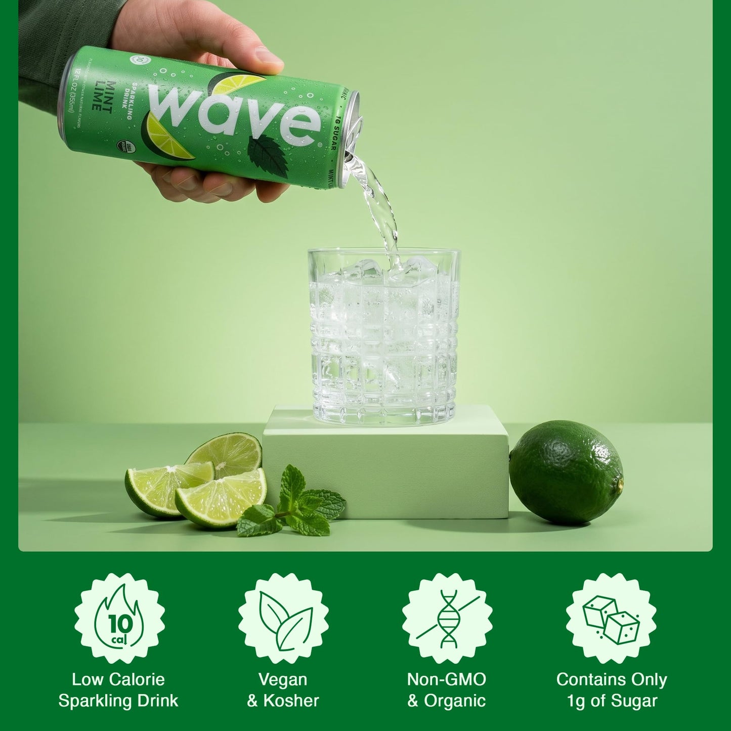 WAVE Organic Sparkling Drink | Low Calorie Drink, Mint Lime Lightly Carbonated | Great Natural Soda Alternative | USA Made Kosher No Added Sugar, Color, & Artificial Ingredients |12 Pack