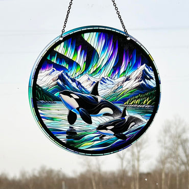 d'ears - Orca Northern Lights - Acrylic Suncatcher with Chain - 6 Inch Diameter - Colorful - Nature - Window Art - Made in The USA