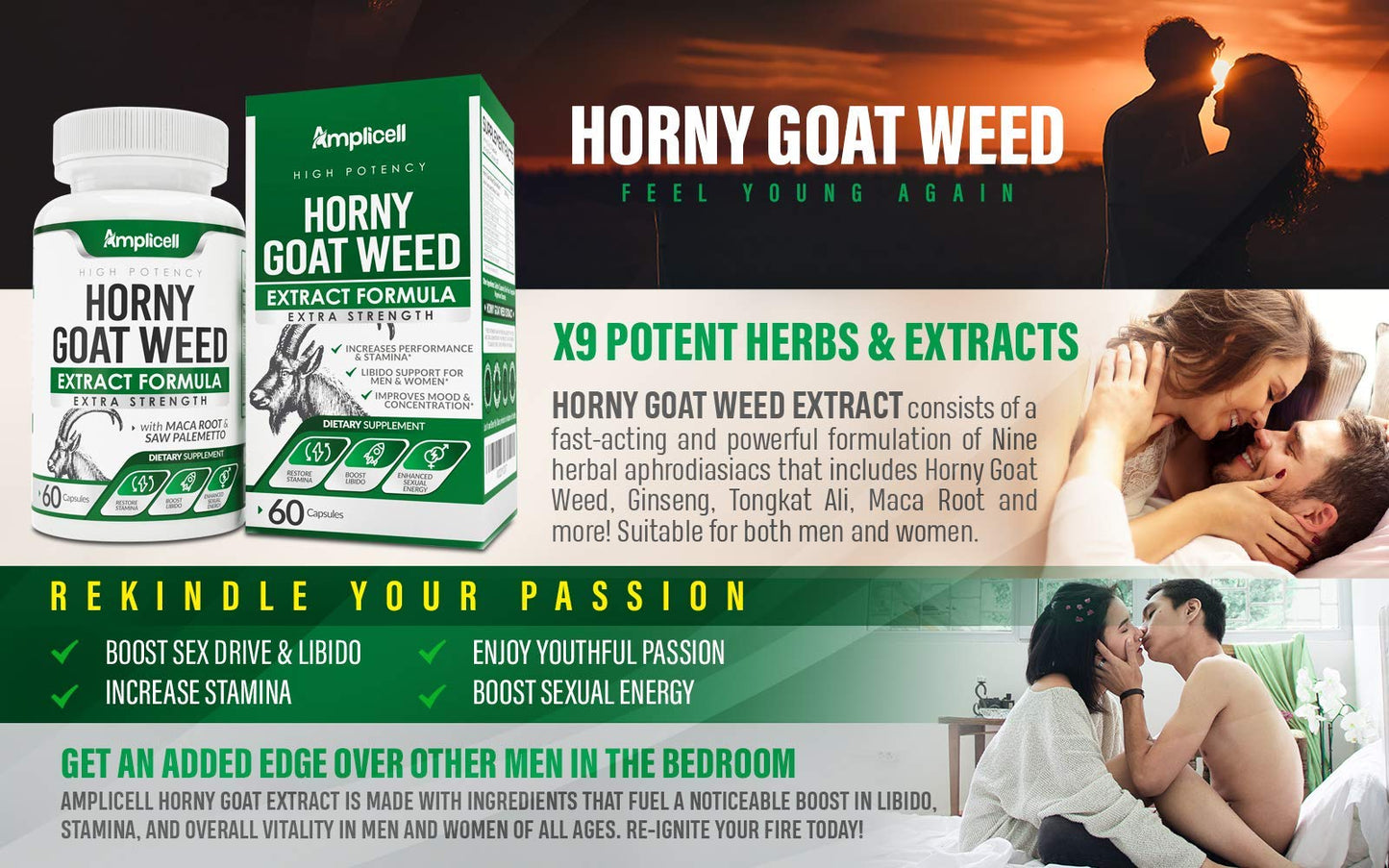 AMPLICELL Horny Goat Weed with Maca Root, Tongkat Ali, L-Arginine & Panax Ginseng – Male Performance & Libido Booster Supplement – Energy, Stamina & Vitality Pills for Men & Women – 60 Capsules
