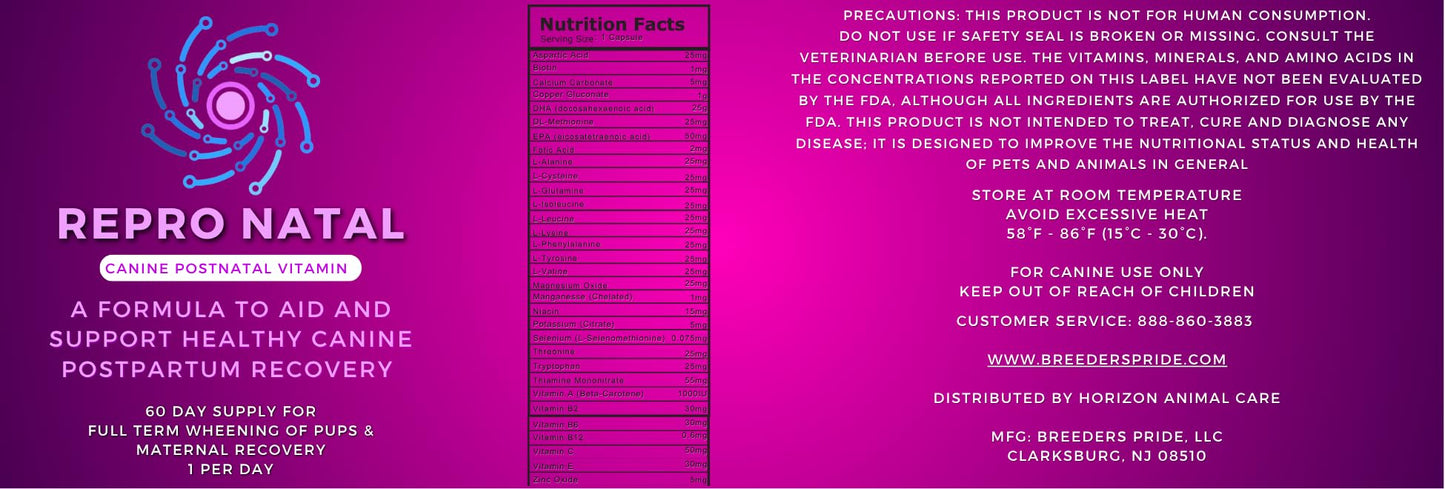 Canine Postnatal and Postpartum Vitamin Capsules for Dogs - 60-Day Supply- Aid in Full-Term Maternal Recovery, Improve Health After Birth -ReproNatal™ Dog Supplement