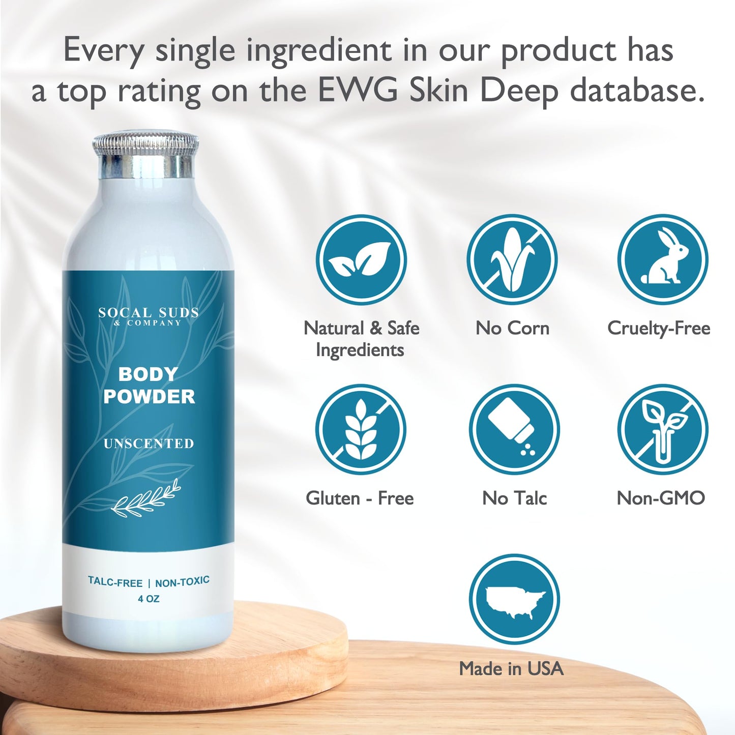 SoCal Suds & Company - Natural Body Powder Talc-Free - with Arrowroot Powder, Kaolin, Aspen Bark Extract for Soft Soothing Delicate Skin - Fragrance Free, 4oz, 1-Pack