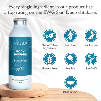 SoCal Suds & Company - Natural Body Powder Talc-Free - with Arrowroot Powder, Kaolin, Aspen Bark Extract for Soft Soothing Delicate Skin - Fragrance Free, 4oz, 1-Pack
