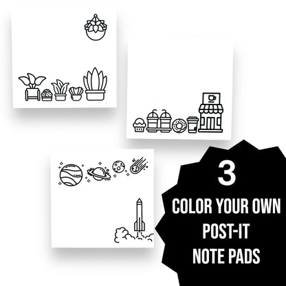 A Brighter Year Color Your Own Post-It Notes Bundle - 3 Sticky Note Pads - 3” x 3” Self Stick Notes - Coffee, Plant, & Space Themes -School, Office, Home, Travel, Notebook - Relaxation, Stress Relief