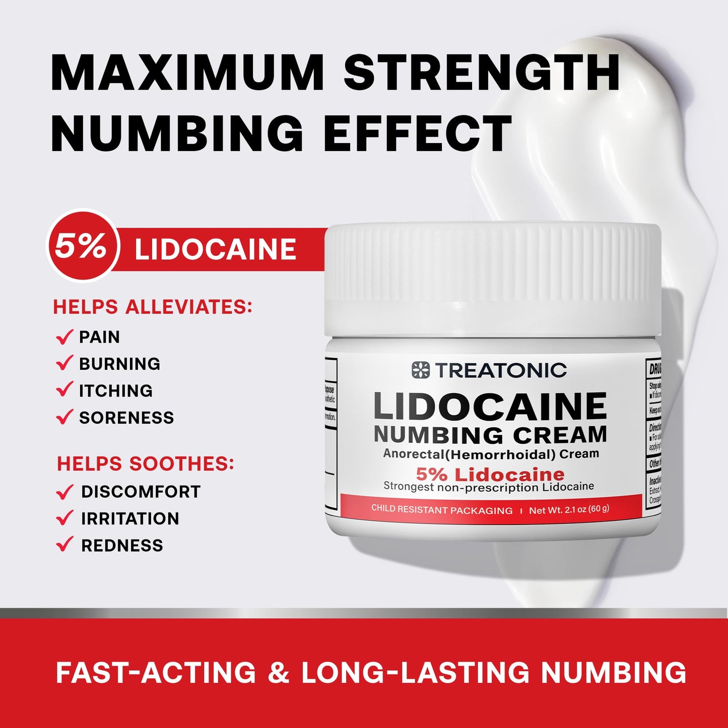5% Lidocaine Numbing Cream: Lidocaine Cream Maximum Strength for Pain Relief, Itching, Burning, Soreness, Hemorrhoid - Fast Acting & Long Lasting Numbing Cream- 2.1 oz (2-Pack)