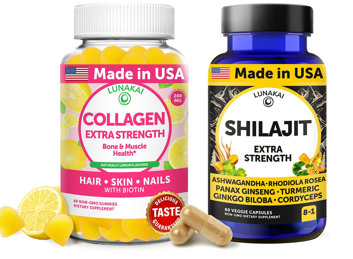 Lunakai USA Made Collagen Gummies & Shilajit Capsules Bundle - Hair, Skin, Nails, and Energy Support