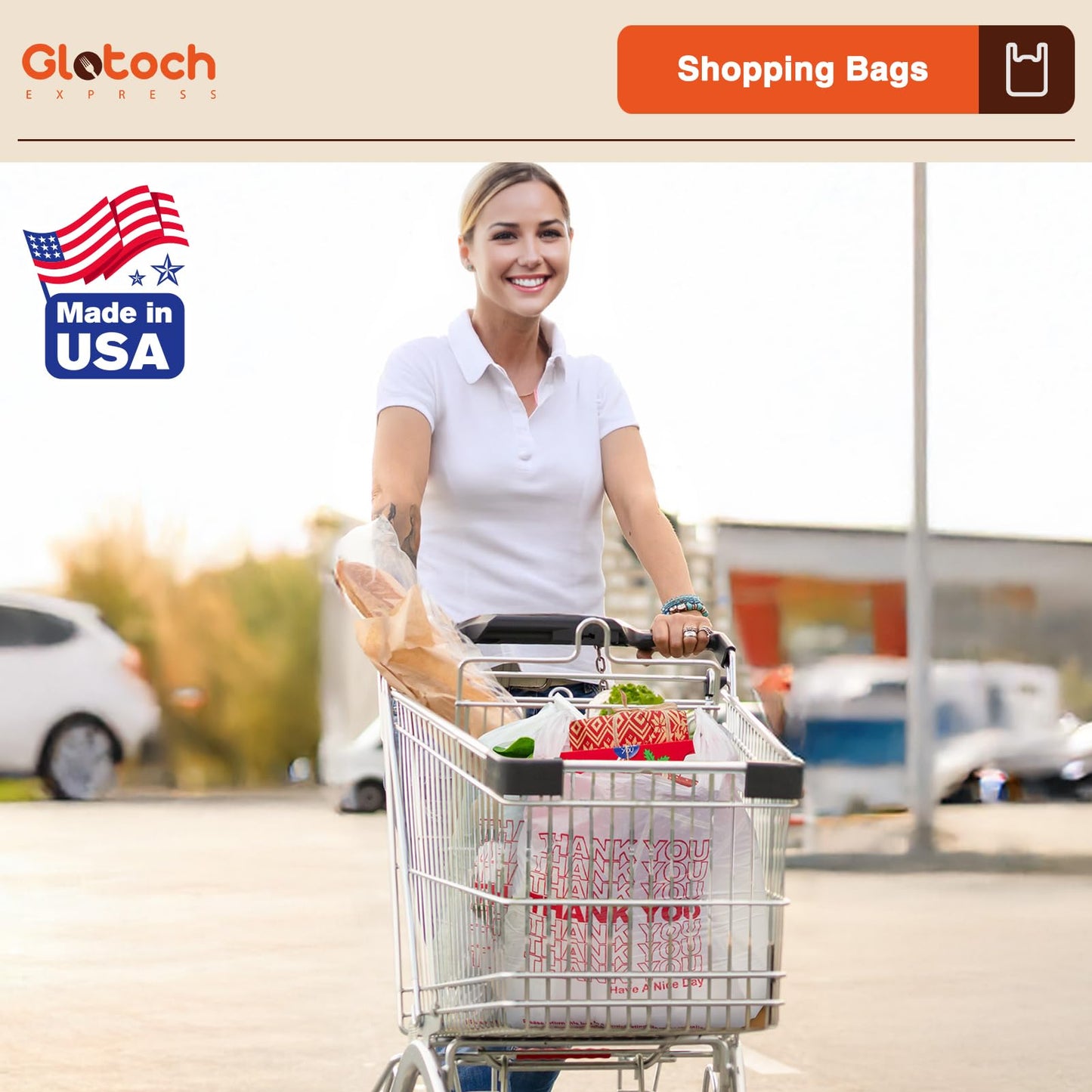 Glotoch Plastic Thank You Bags 1000 Count, 11.5" x 6.5" x 21" White Grocery Bags with Handles for Restaurant, Retail, Grocery Store, Takeout, Convenience Stores, T-shirt Shopping Bag in Bulk