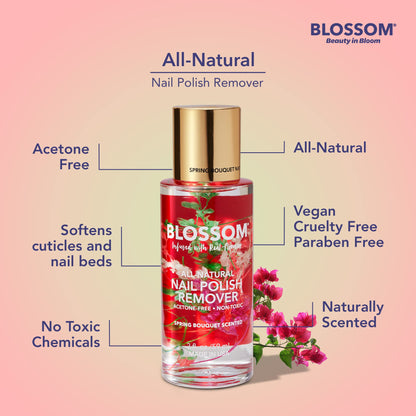 Blossom Non Toxic Nail Polish Remover Non Acetone, All Natural Scented, Vegan, Acetone Free Nail Polish Remover, Organic Plant-Based, Infused with Real Flowers, Made in USA, 2oz, Spring Bouquet