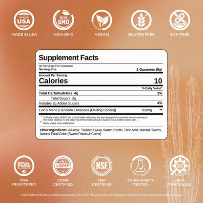 Lion’s Mane Mushroom Gummies for Focus, Memory & Clarity | 500mg Fruiting Body Extract per Serving | Brain Health & Cognitive Support | Organic, Vegan, Gluten-Free | Canyon Cooler Flavor | 30 Servings