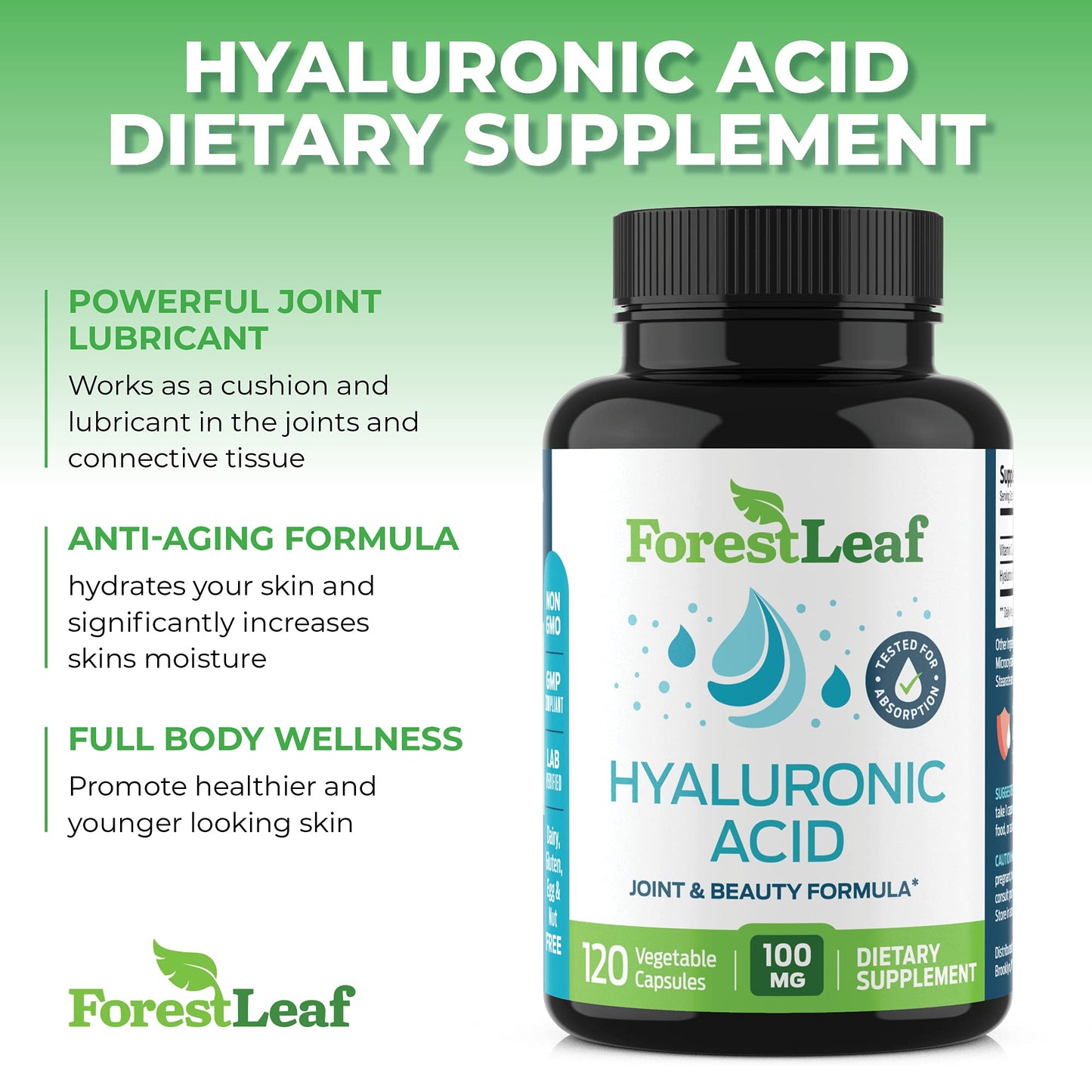 ForestLeaf Hyaluronic Acid Supplements | 100mg High Bioavailable Dietary Hyaluronic Acid Powder Capsules + 50mg VIT C | Supports Skin Hydration, Joint Lubrication, Anti-Aging, Hair & Nails | 120 Caps