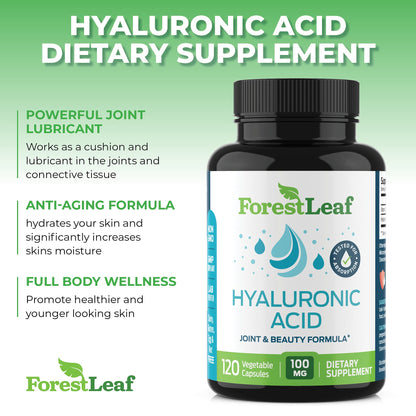 ForestLeaf Hyaluronic Acid Supplements | 100mg High Bioavailable Dietary Hyaluronic Acid Powder Capsules + 50mg VIT C | Supports Skin Hydration, Joint Lubrication, Anti-Aging, Hair & Nails | 120 Caps