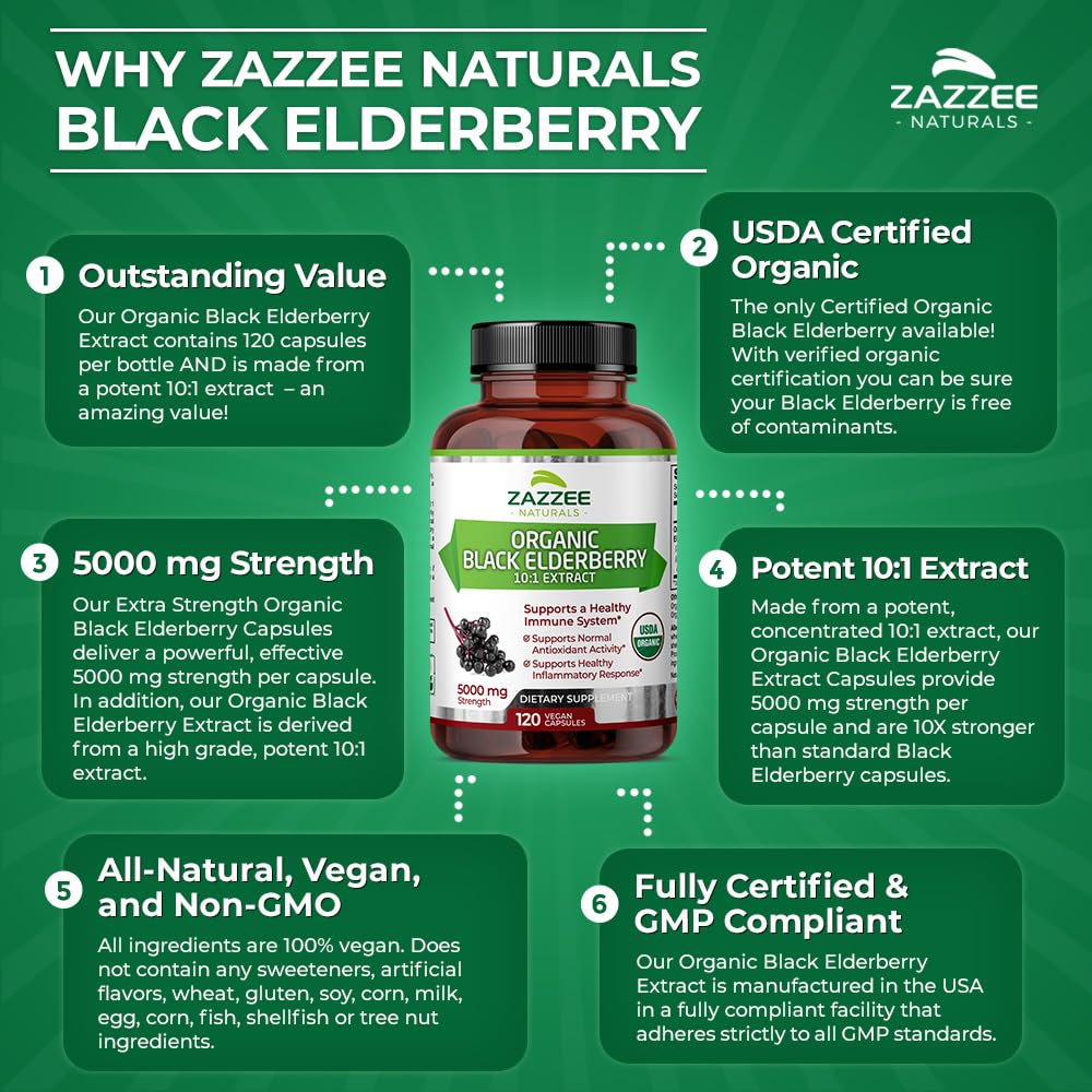 Zazzee USDA Organic Black Elderberry 10:1 Extract, 5000 mg Strength, 120 Vegan Capsules, 2 Month Supply, Standardized, Concentrated 10X Extract, 100% Vegetarian, All-Natural, Non-GMO, Made in The USA