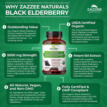 Zazzee USDA Organic Black Elderberry 10:1 Extract, 5000 mg Strength, 120 Vegan Capsules, 2 Month Supply, Standardized, Concentrated 10X Extract, 100% Vegetarian, All-Natural, Non-GMO, Made in The USA