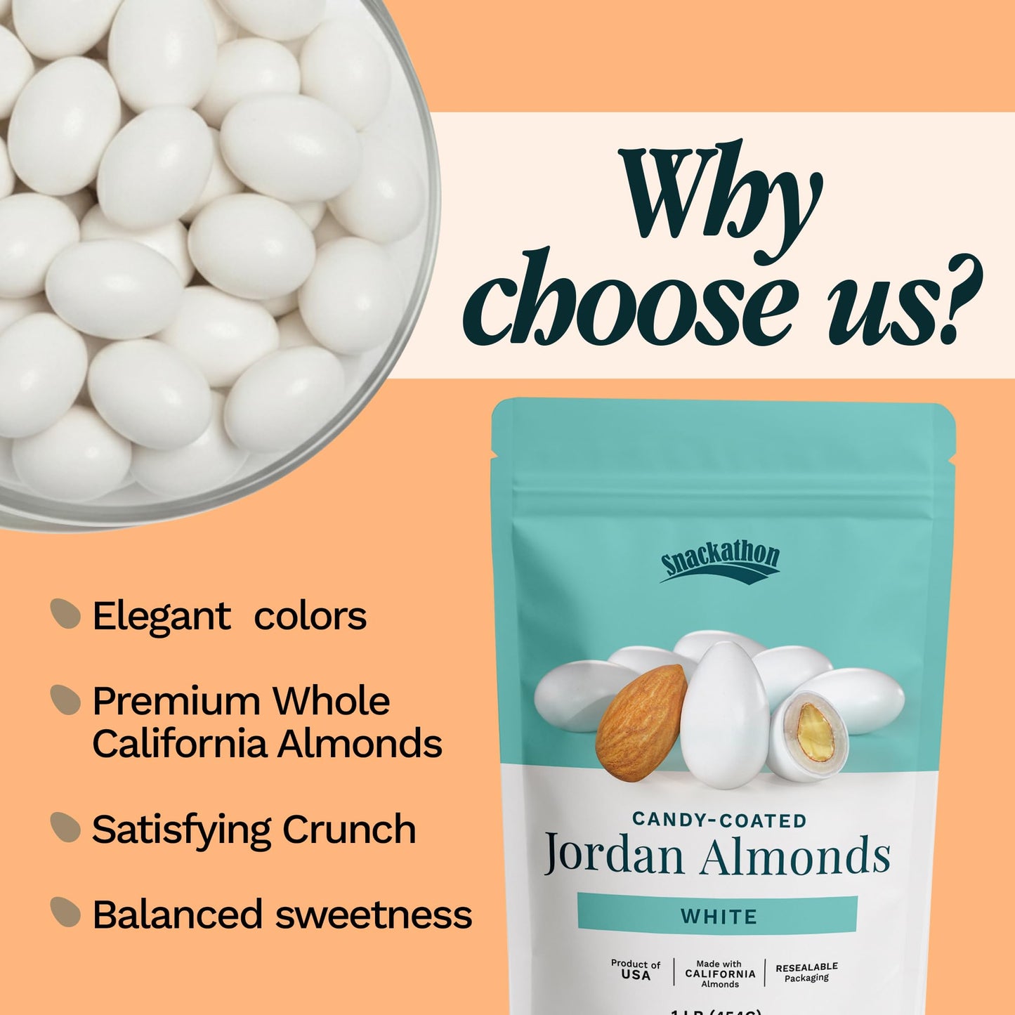 Snackathon Jordan Almonds, White Candy-Coated Almonds, 1 LB Resealable Bag, Made in USA, Bulk Italian Confetti Wedding Favors, Baby & Bridal Showers, Party Buffets, Events & Holidays