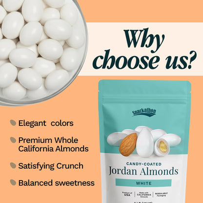 Snackathon Jordan Almonds, White Candy-Coated Almonds, 1 LB Resealable Bag, Made in USA, Bulk Italian Confetti Wedding Favors, Baby & Bridal Showers, Party Buffets, Events & Holidays