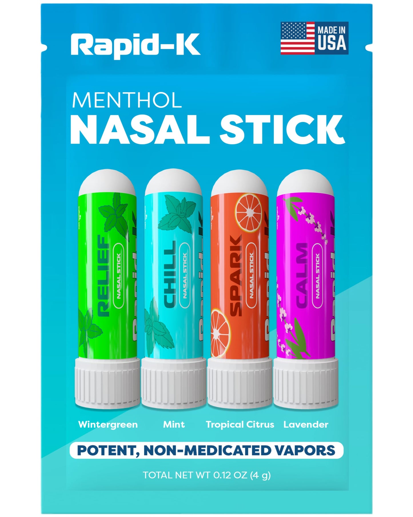 Nasal Sticks (4 Pack) – Nasal Inhaler Stick for Allergy Support, Sinus Relief, Focus Boost – Menthol Vapor Inhalers with Essential Oils (Mint, Lavender, Tropical, Wintermint)