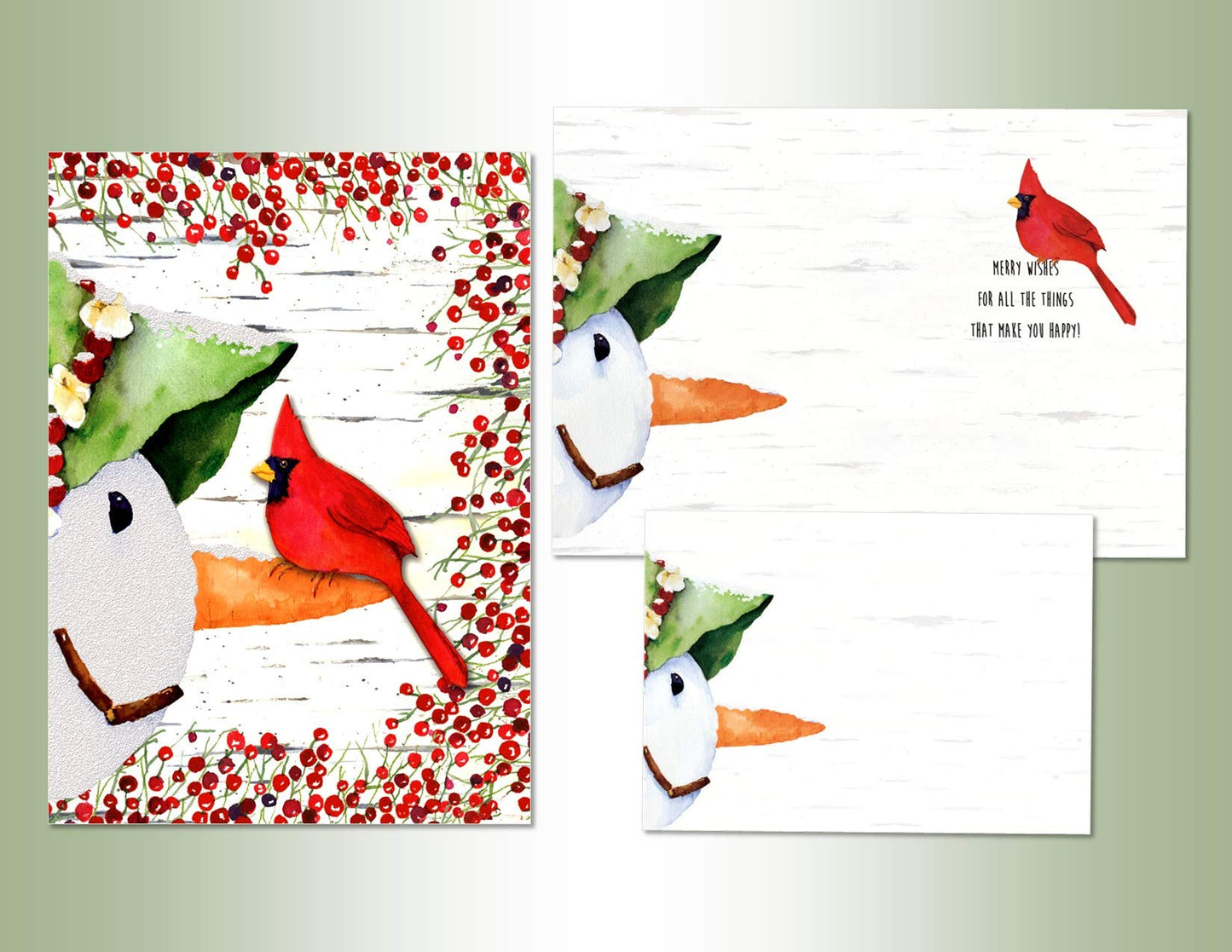 Performing Arts Premium Boxed Cardinal Christmas Card - Pack of 12 Hand Embellished Snowman and Bird Holiday Cards with Envelopes - Full color Inside - Merry Christmas Card - Made in USA