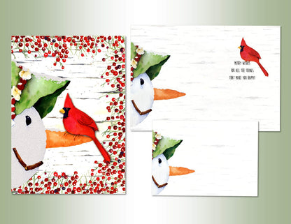 Performing Arts Premium Boxed Cardinal Christmas Card - Pack of 12 Hand Embellished Snowman and Bird Holiday Cards with Envelopes - Full color Inside - Merry Christmas Card - Made in USA