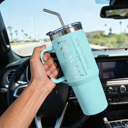Made in USA - Personalized Tumbler 40oz with Handle and Straw - Custom Stainless Steel Travel Coffee Cup with Engraved Name Text - Personalized Birthday Gifts for Her, Mom, Friends (BLCAK-Men)
