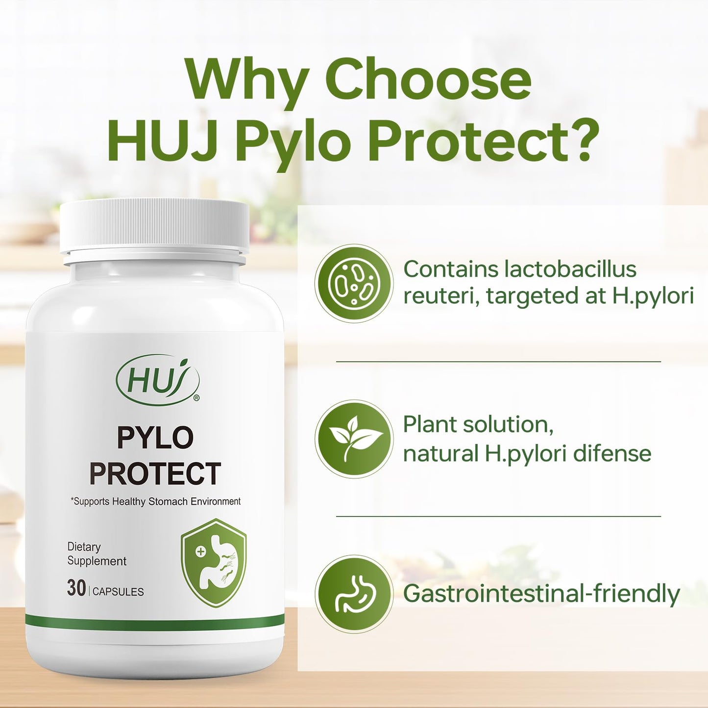 HUJ Pylo Protect - Lactobacillus Reuteri Supplement - Supports Healthy Stomach Environment - 30 Capsules
