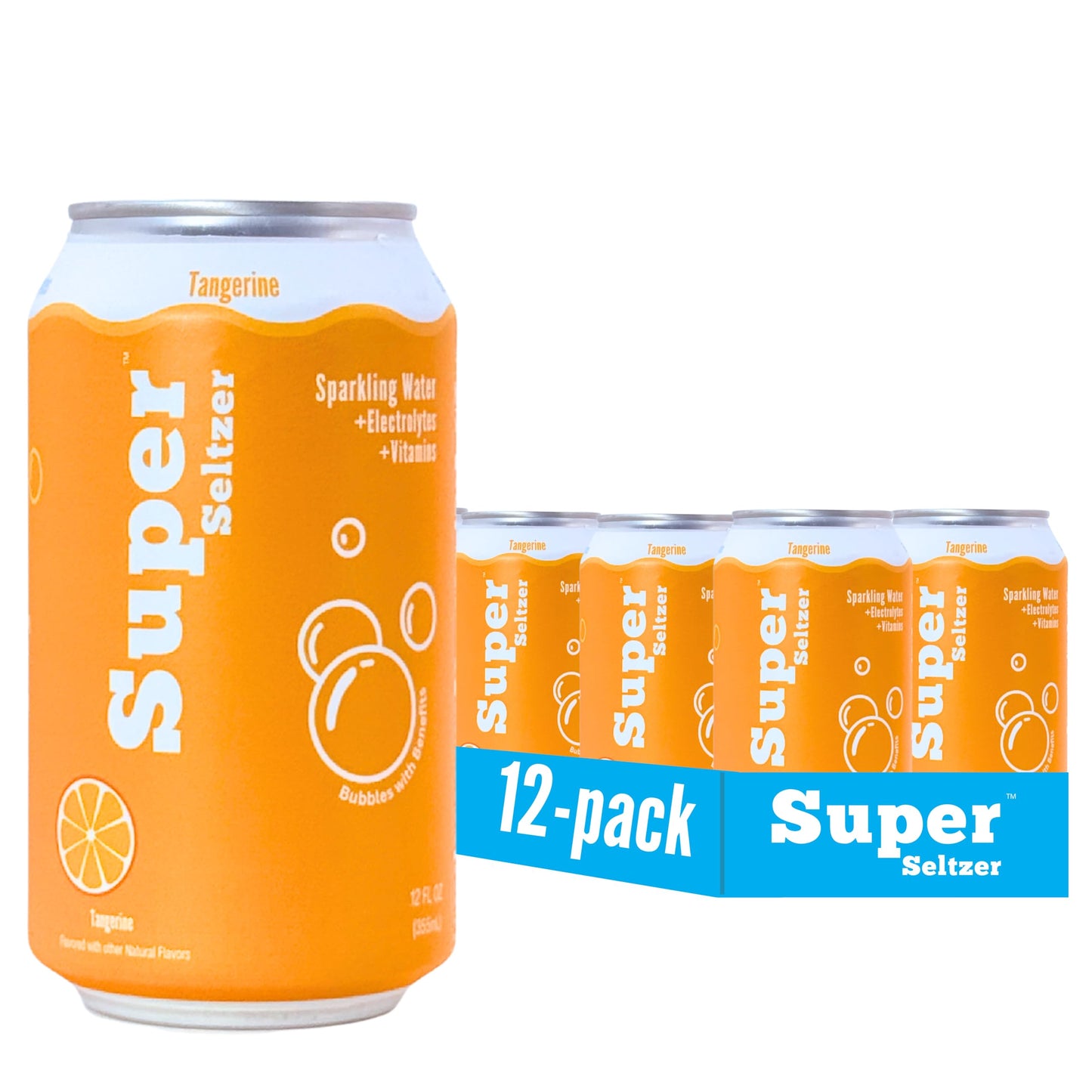 Super Seltzer Sparkling Water with Electrolytes and Vitamins, Tangerine Naturally Flavored, 12 Fl Oz, Pack of 12 cans